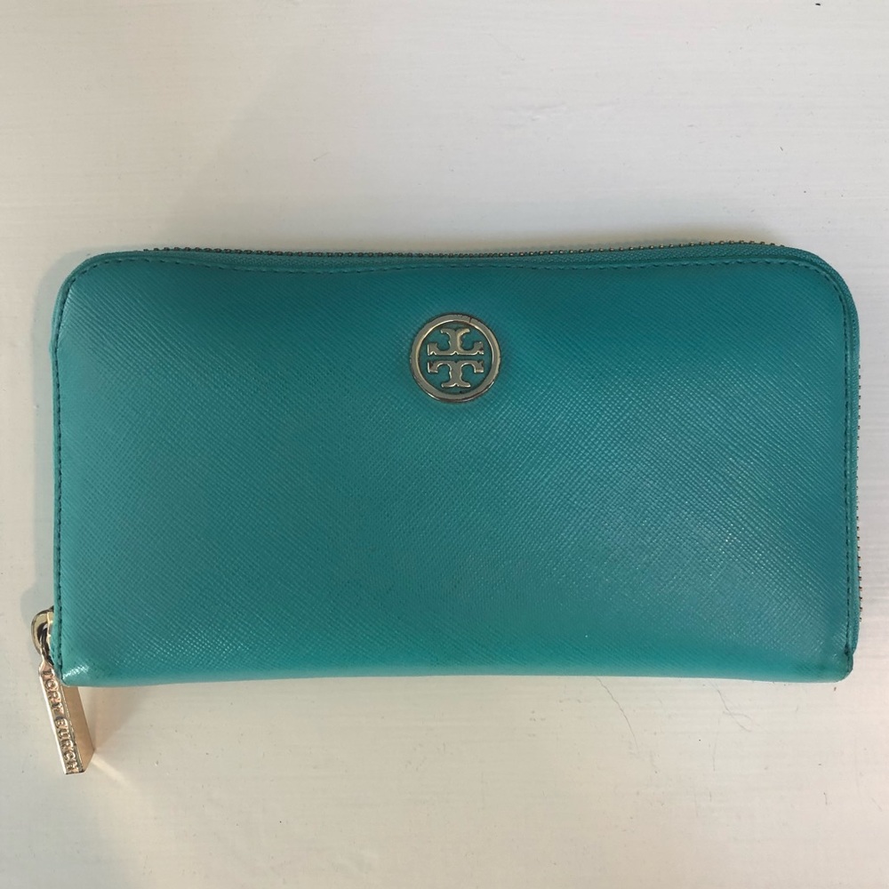 Tori Burch Wallet in Teal with Gold Details